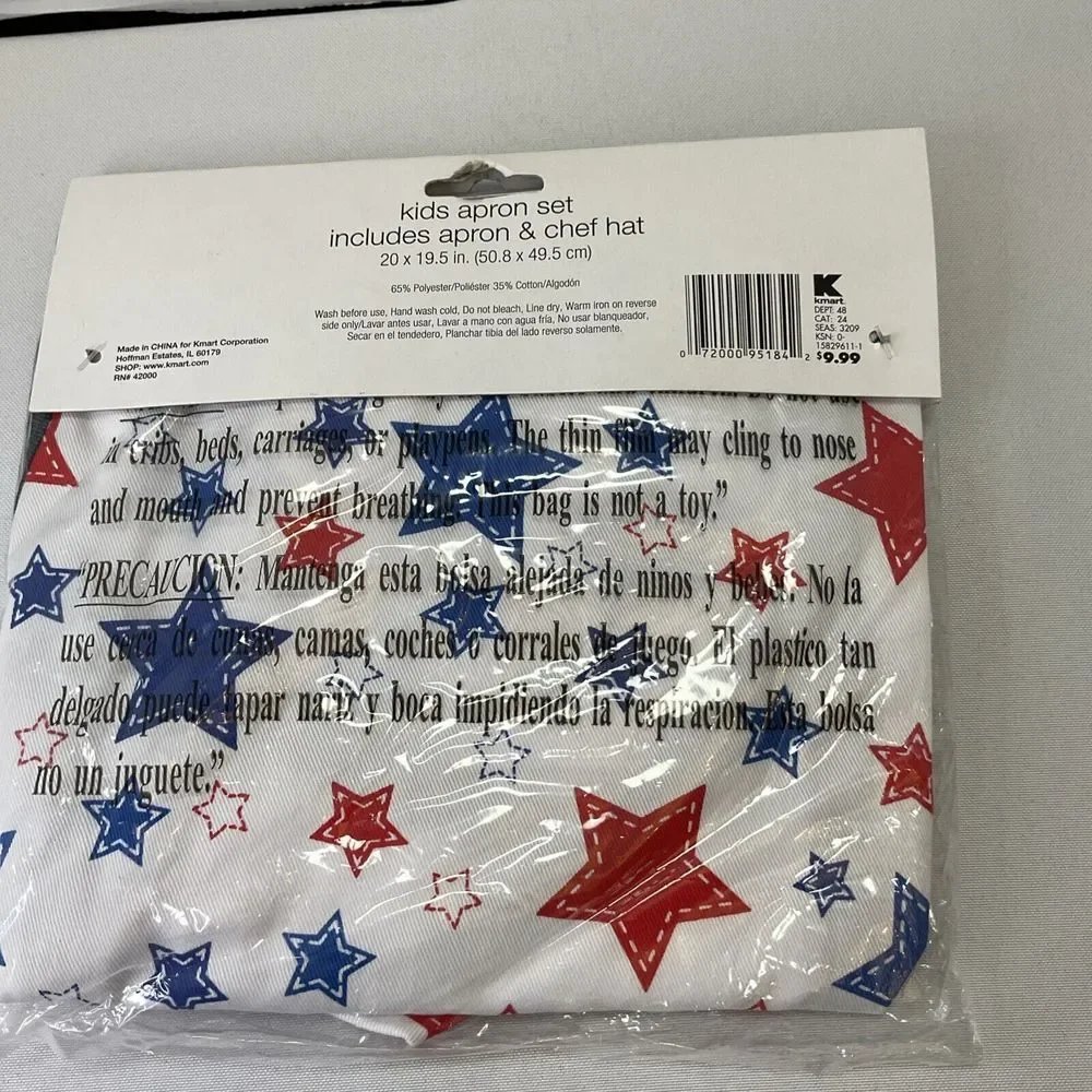 Kmart Home‎ Essentials Child Cooking Apron/Chef Hat Set White Red Blue Stars